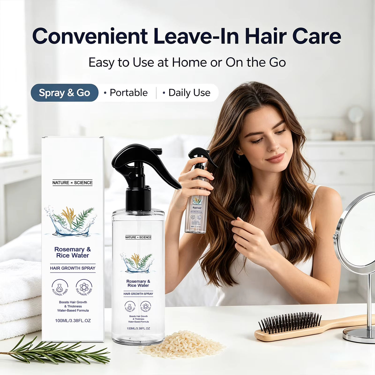 Rosemary & Rice Water Hair Spray Nourishing Hair Roots Repair Dry Hair Improving Smoothness Fragrance Soothing Hair Care Spray