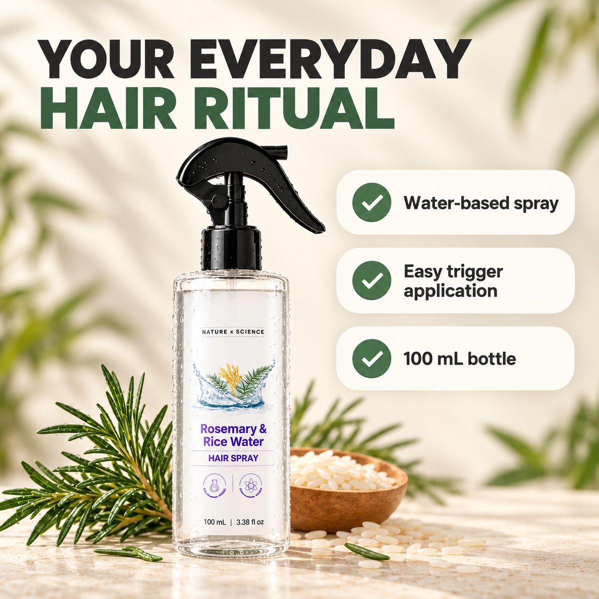 Rosemary & Rice Water Hair Spray Nourishing Hair Roots Repair Dry Hair Improving Smoothness Fragrance Soothing Hair Care Spray