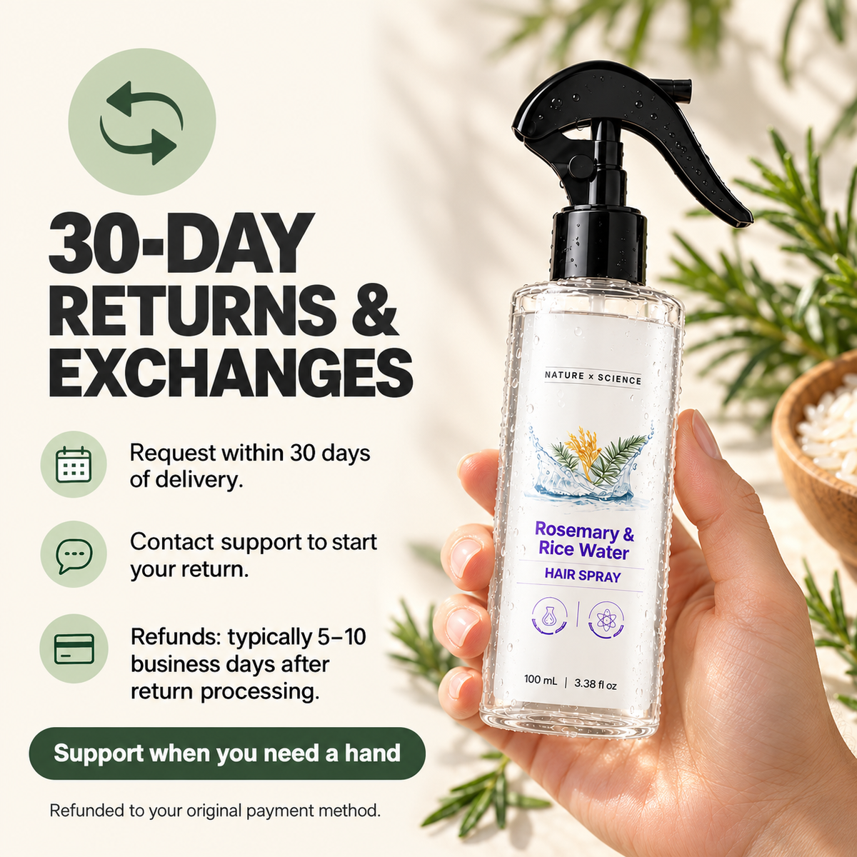 Rosemary & Rice Water Hair Spray Nourishing Hair Roots Repair Dry Hair Improving Smoothness Fragrance Soothing Hair Care Spray