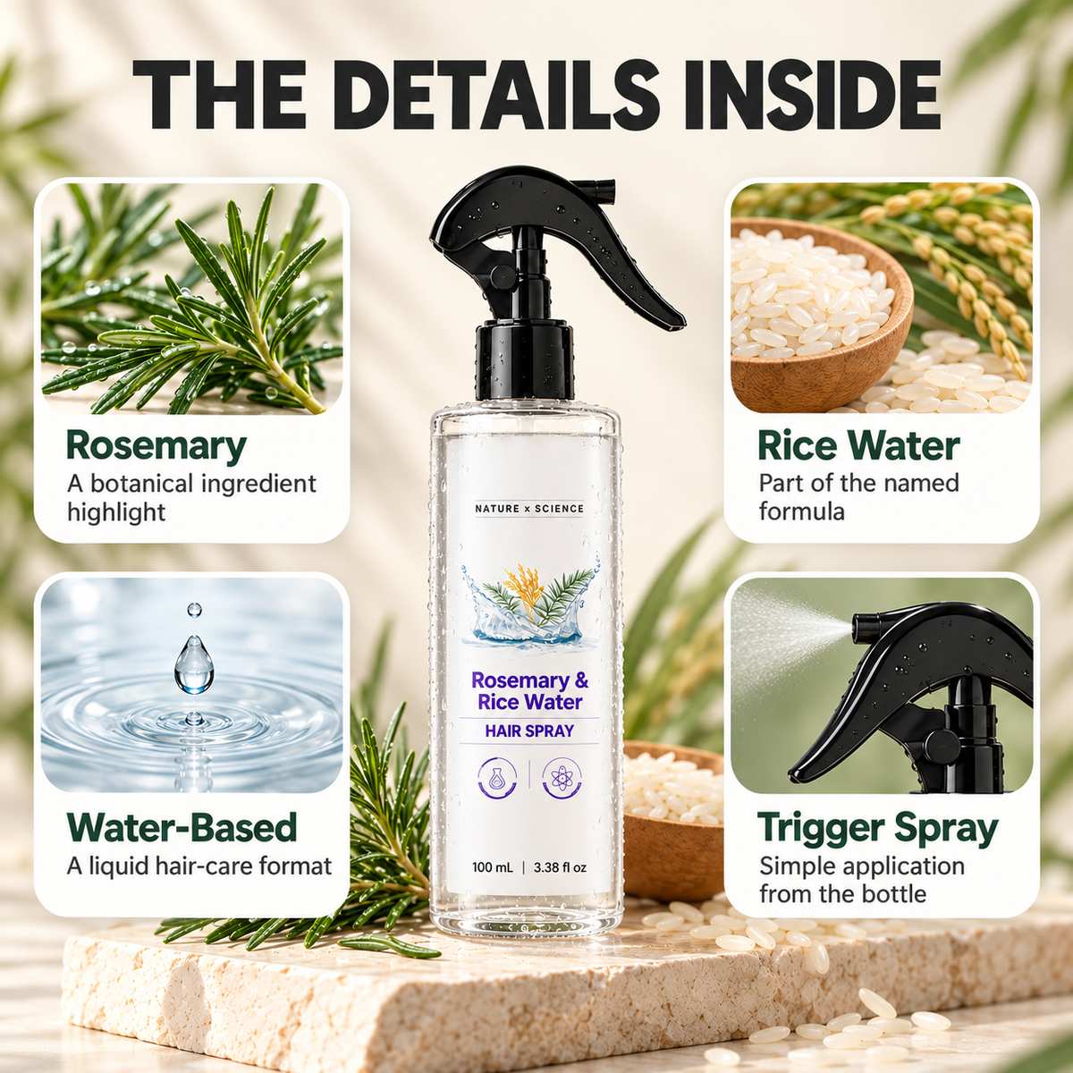 Rosemary & Rice Water Hair Spray Nourishing Hair Roots Repair Dry Hair Improving Smoothness Fragrance Soothing Hair Care Spray