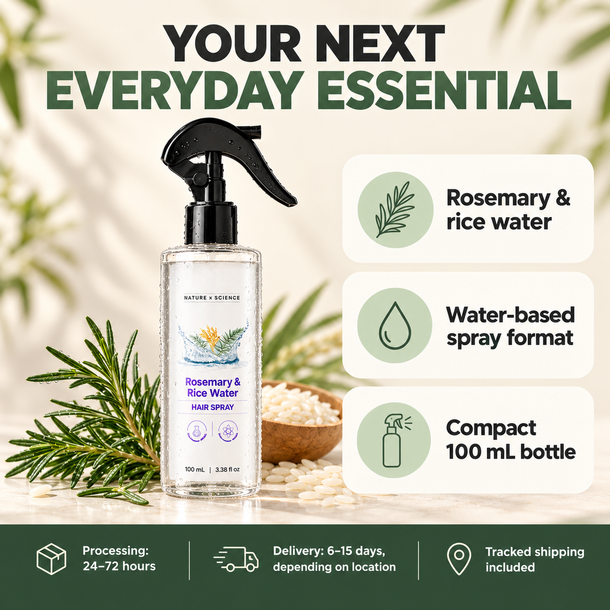 Rosemary & Rice Water Hair Spray Nourishing Hair Roots Repair Dry Hair Improving Smoothness Fragrance Soothing Hair Care Spray